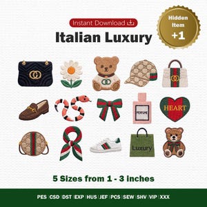 Puede incluir: Una colección de catorce parches bordados que incluyen un bolso acolchado negro, margarita, oso de peluche, gorra estampada, bolso de mano, mocasín, serpiente, lazo, frasco de perfume, corazón con la palabra HEART, bolso redondo, bufanda, zapatilla.