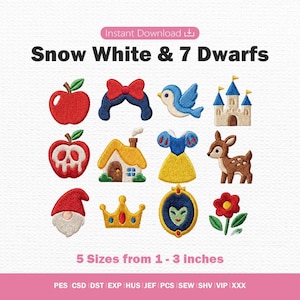 May include: A collection of twelve embroidered designs featuring a red apple, a bow, a blue bird, a castle, a skull apple, a cottage, a dress, a deer, a gnome hat, a crown, a mirror, and a flower. Text reads Snow White & 7 Dwarfs, 5 Sizes from 1 - 3 inches.