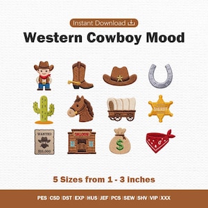May include: A collection of twelve Western-themed embroidery designs including a cowboy, boot, hat, horseshoe, cactus, horse head, covered wagon, sheriff star, wanted poster, saloon, money bag, and bandana. Text reads Western Cowboy Mood.