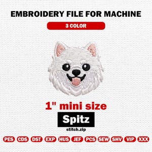 Puede incluir: Cara de perro Spitz bordada en blanco con orejas y lengua rosas. El diseño está etiquetado como un tamaño mini de 2,5 cm, y el texto "EMBROIDERY FILE FOR MACHINE" está en la parte superior. El diseño es de 3 colores.
