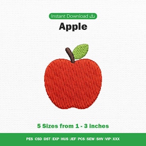 以下が含まれることがあります： 茶色の茎と緑の葉が付いた赤いリンゴの刺繍デザインファイル。テキストには「Instant Download」、「Apple」、「5 Sizes from 1 - 3 inches」と記載されており、PES、CSD、DST、EXP、HUS、JEF、PCS、SEW、SHV、VIP、XXXのファイル形式リストが含まれています。