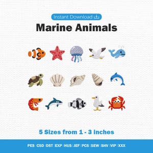 以下が含まれることがあります： Marine Animalsと題されたデジタル刺繍デザインセット。クマノミ、ヒトデ、クラゲ、カモメ、クジラ、カメ、貝殻、イルカ、エビ、サメ、魚、カニなど15種類のモチーフが含まれており、2.5cmから7.6cmまでの5つのサイズで展開されています。