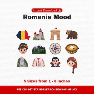 Rumänisches Stimmungs-Stickmuster-Set, Sofort-Download, 5 Größen (1-3 Zoll), Kommerzielle Nutzung, Burg, Bär, Dracula, Folklore-Symbole