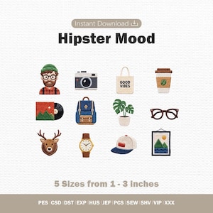 Hipster Mood Embroidery Design Digital Instant Download, Aesthetic Vintage Coffee Camera Patch Machine File, Small Cute Commercial Use