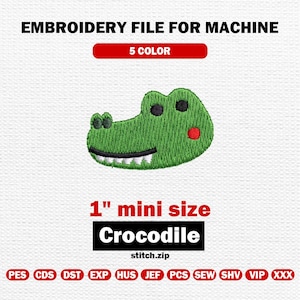 Könnte beinhalten: Grünes, gesticktes Krokodil-Design mit schwarzen Augen und einer roten Wange. Der Text "EMBROIDERY FILE FOR MACHINE" steht oben, und "5 COLOR" in einem roten Rechteck. Das Design ist 2,54 cm groß, mit dem Wort "Crocodile" darunter.