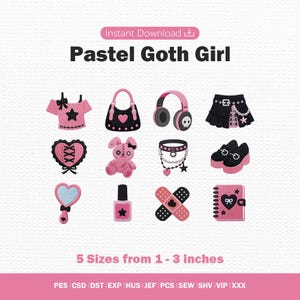 May include: A digital embroidery design set titled Pastel Goth Girl featuring twelve icons including a pink top, handbag, headphones, skirt, heart, rabbit, choker, shoes, mirror, nail polish, bandages, and notebook, available in 5 sizes from 1-3 inches.