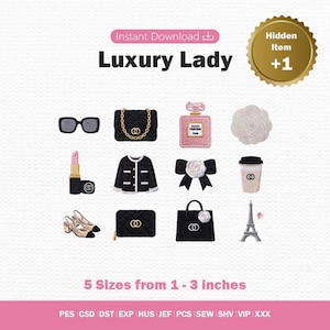 May include: A digital embroidery design set titled Luxury Lady featuring icons of sunglasses, a quilted handbag, perfume bottle, flower, lipstick, jacket, bow, coffee cup, slingback shoes, wallet, tote bag, and the Eiffel Tower in 1-3 inches.