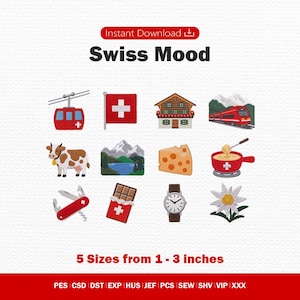 Op de afbeelding: Een digitale borduurontwerpset genaamd Swiss Mood met twaalf iconen, waaronder een rode kabelbaan, de Zwitserse vlag, een chalet, een rode trein, een koe, een berglandschap, kaas, een fonduepan, een zakmes, een chocoladereep, een horloge en een edelweissbloem.