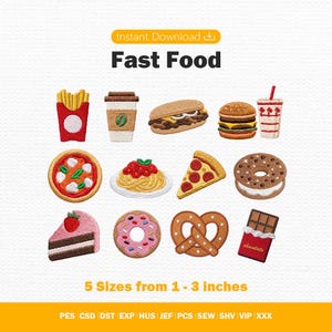 May include: A collection of twelve fast food machine embroidery designs including french fries, coffee, a sandwich, burger, drink, pizza, spaghetti, pepperoni slice, cookie sandwich, cake slice, donut, pretzel, and a chocolate bar, in 1-3 inches.
