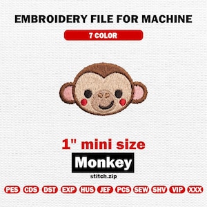Puede incluir: Archivo de bordado para máquina con una cara de mono de dibujos animados. El diseño mide 2,5 cm e incluye el texto "Monkey" y "stitch.zip". El diseño utiliza 7 colores.