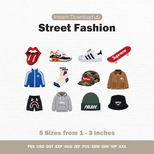 Può includere: Una collezione di dodici toppe ricamate con icone di moda urbana, tra cui una bocca rossa, scarpe da ginnastica, uno skateboard rosso Supreme, una giacca sportiva blu, calzini, un berretto mimetico, una giacca marrone e vari cappelli.
