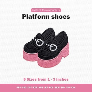 Puede incluir: Un diseño de bordado de zapatos de plataforma negros con suelas rosas y hebillas blancas en forma de corazón. El texto dice Instant Download, Platform shoes, 5 Sizes from 2.54 - 7.62 cm, seguido de una lista de formatos de archivo PES, CSD, DST, EXP, HUS, JEF, PCS, SEW, SHV, VIP y XXX.