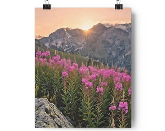 Giclée kunstprint van een bloemenweide bij zonsondergang | Berglandschap
