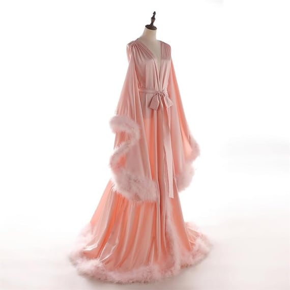 Women's Feather Bridal Robes Old Hollywood Maternity Photoshoot robe Nightgown Bathrobe Long Lingerie