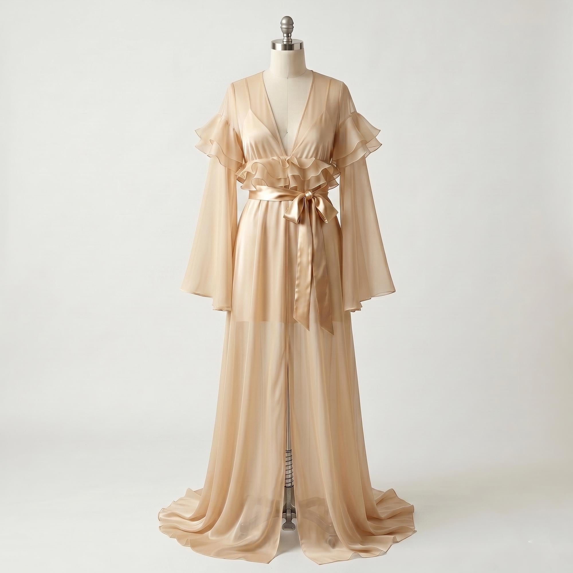 Sheer Chiffon Trimmed Bridal Robe – Long Sleeve Kimono Nightgown ...