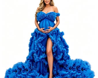 写真撮影用のふんわりチュールマタニティガウン – オフショルダーフリルブライダルローブ