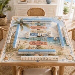 Coastal Beach Mahjong Mat, Tropical Ocean Neoprene Game Table Mat,Custom Beach Mahjong Mat with Storage Bag