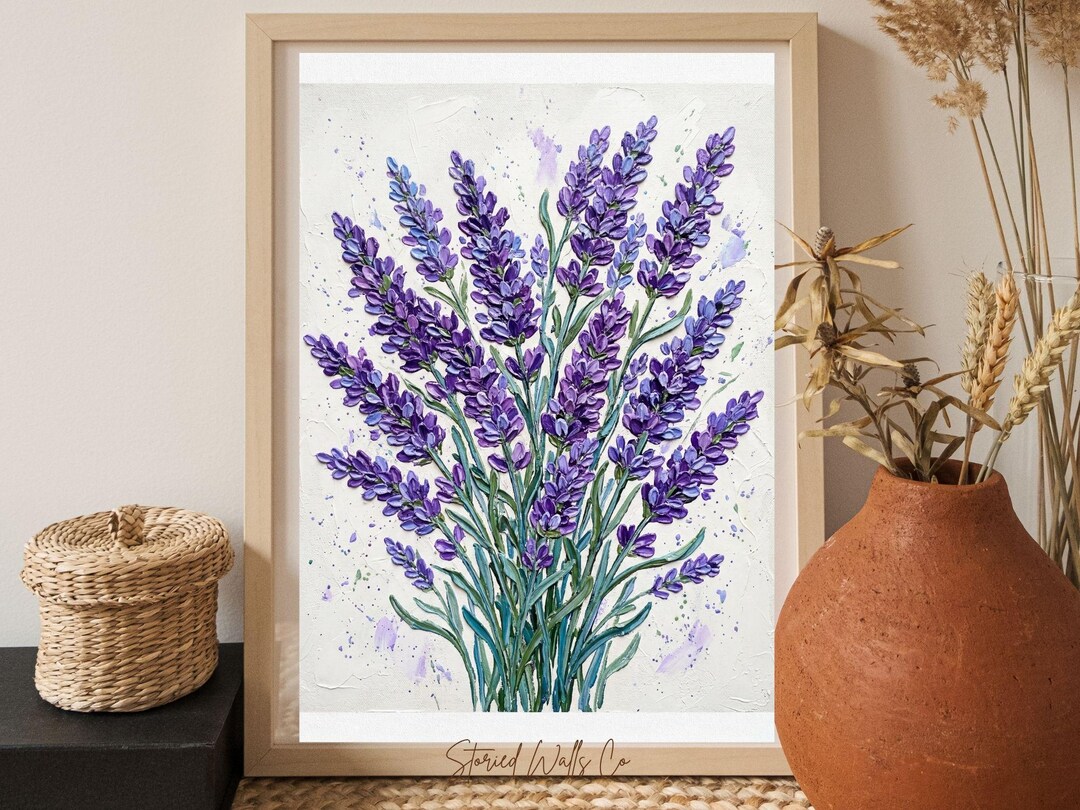 Textured Lavender Wall Art, Purple Floral Stems Impasto Print (digital ...