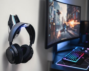 Soporte compacto para auriculares de PLA - Soporte de escritorio para auriculares y configuración para gamers - Diseño cyberpunk