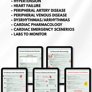 May include: Image of several tablets displaying medical information. The tablets show topics covered, including hypertension, heart failure, and cardiac pharmacology. Each tablet has a black frame and displays text and diagrams.