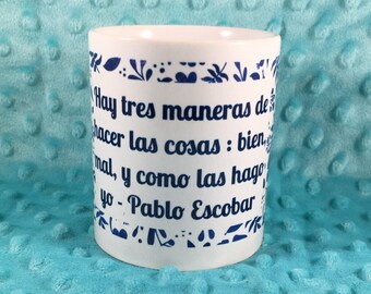 Blue and white floral quote mug