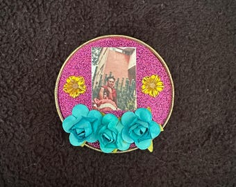 Pink and turquoise Upcycled tin lid  Magnet