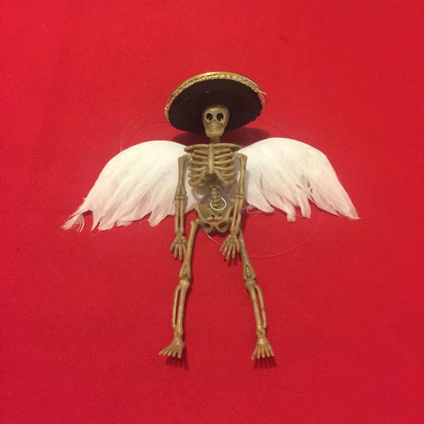 Day of the dead skeleton ornament with white fewthered angel wings #2