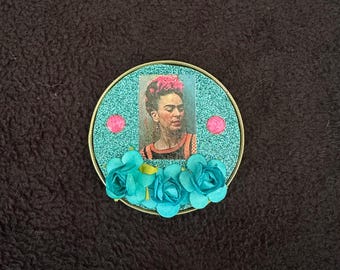 Turquoise and pink Upcycled tin lid  Magnet
