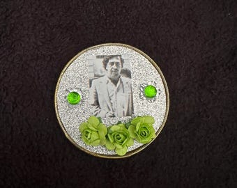 Silver and green Upcycled tin lid  Magnet