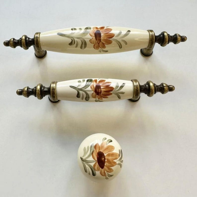 Cream Patterned Porcelain Knob & Pull – 64mm 96mm – Antique Gold, Silver, Gold Metal – Drawer, Cabinet, Dresser, Bedroom, Bathroom Decor (k) image 4