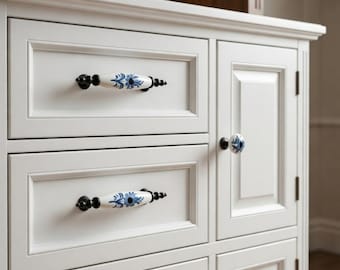 Blue Floral Porcelain Knob – White Ceramic Drawer Pull, 64mm & 96mm Cabinet Handle, Vintage Style Decorative Furniture Hardware