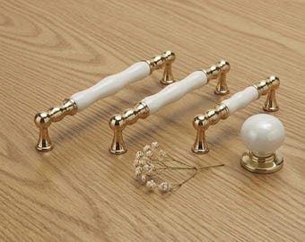 Gold Metal & White Porcelain Drawer Pulls,  and knop, Cabinet Handles, Bedroom, Living, Bathroom, Decorative Hardware 128/160/192mm