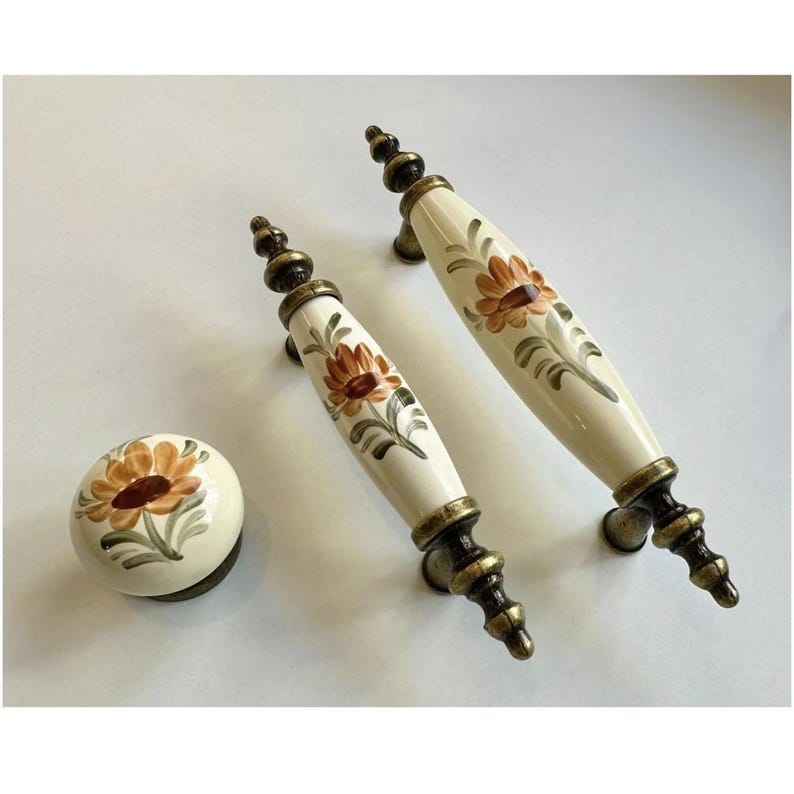 Cream Patterned Porcelain Knob & Pull – 64mm 96mm – Antique Gold, Silver, Gold Metal – Drawer, Cabinet, Dresser, Bedroom, Bathroom Decor (k) image 1