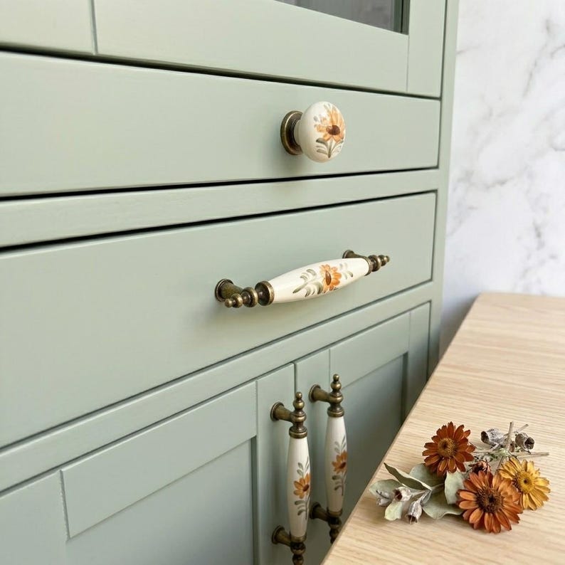 Cream Patterned Porcelain Knob & Pull – 64mm 96mm – Antique Gold, Silver, Gold Metal – Drawer, Cabinet, Dresser, Bedroom, Bathroom Decor (k) image 5