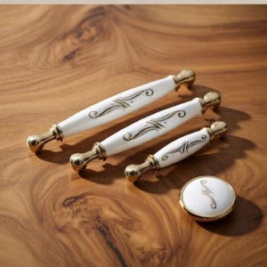 White Porcelain Handles, Gold Patterned Pulls-Knobs, Handles - Pulls for Drawers - Cabinets, Stylish Kitchen - Bathroom Decor