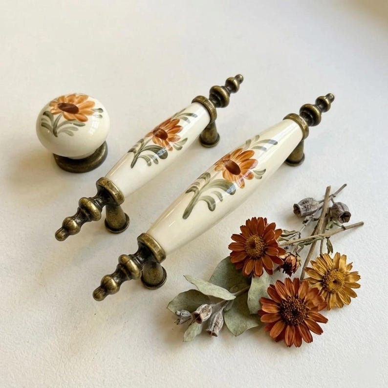 Cream Patterned Porcelain Knob & Pull – 64mm 96mm – Antique Gold, Silver, Gold Metal – Drawer, Cabinet, Dresser, Bedroom, Bathroom Decor (k) image 2