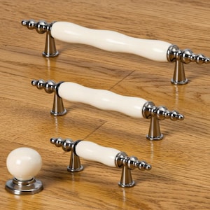 Tirador de armario de porcelana color crema de 64-96-128 mm, pomo de metal ahumado para cajones, cómodas, baños y dormitorios (p)