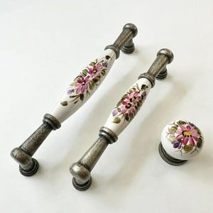 Gray Floral Porcelain Knob – Pink & Green Ceramic Drawer Pull, 64mm , 96mm Cabinet Handle, Kitchen, TV Unit, Modern Home Decor, Unique Gift