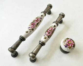 Gray Floral Porcelain Knob – Pink & Green Ceramic Drawer Pull, 128mm ,160mm Cabinet Handle, Kitchen, TV Unit, Modern Home Decor, Unique Gift
