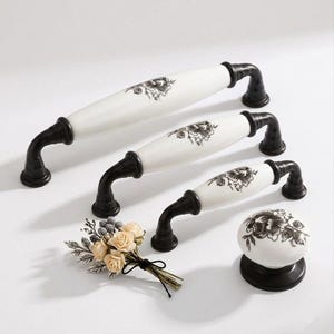 Tiradores para cajones y armarios de porcelana blanca con diseño negro, juego de 64-128 mm, pomo y tirador de porcelana, muebles decorativos dorados y blancos