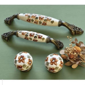 Tirador y pomo de porcelana con estampado color crema – 64 mm 96 mm – Oro antiguo, plata, metal dorado – Decoración para cajones, armarios, cómodas, dormitorios y baños (k)