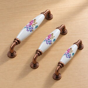 Handmade Porcelain Drawer Pull 96mm 128mm 160mm Floral White Antique Copper Knob Vintage Cabinet Handle Kitchen Bathroom Decor
