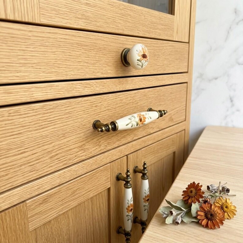Cream Patterned Porcelain Knob & Pull – 64mm 96mm – Antique Gold, Silver, Gold Metal – Drawer, Cabinet, Dresser, Bedroom, Bathroom Decor (k) image 3