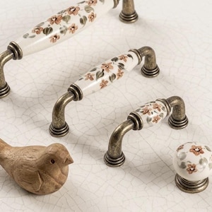 Poignée et bouton de tiroir en porcelaine | 64-96-128 mm, métal jaune antique, motif crème | Meuble décoratif, commode, salle de bain, maison (k)