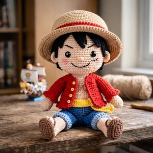 Motif au crochet Amigurumi Luffy | One Piece Anime Doll PDF (téléchargement instantané)