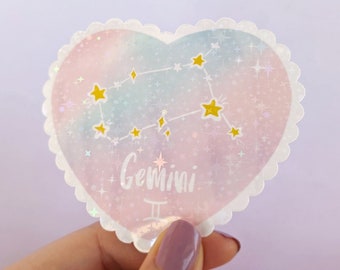 Gemini Zodiac Kawaii Heart Sticker | Holographic Laminated Water Resistant