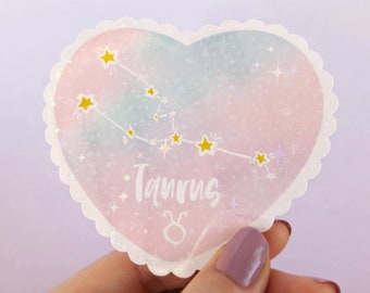 Taurus Zodiac Kawaii Heart Sticker | Holographic Laminated Water Resistant