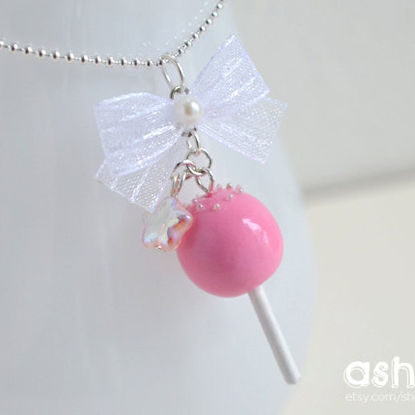 Kawaii Pink Cake Pop Silver Necklace