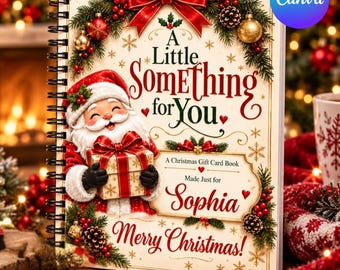 Puede incluir: Un libro de tarjetas de regalo navideñas con encuadernación en espiral y cubierta color crema que muestra a un Santa Claus sonriente sosteniendo un regalo, decorado con ramas de pino, lazos rojos y adornos dorados. El texto dice A Little Something for You, A Christmas Gift Card Book, Made Just for Sophia y Merry Christmas.