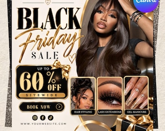 Puede incluir: Un folleto de ventas de Black Friday con el texto Black Friday Sale Up To 60% Off Sitewide Book Now. El diseño incluye imágenes de una persona con cabello oscuro largo, un peinado recogido, un primer plano de extensiones de pestañas y manicura.